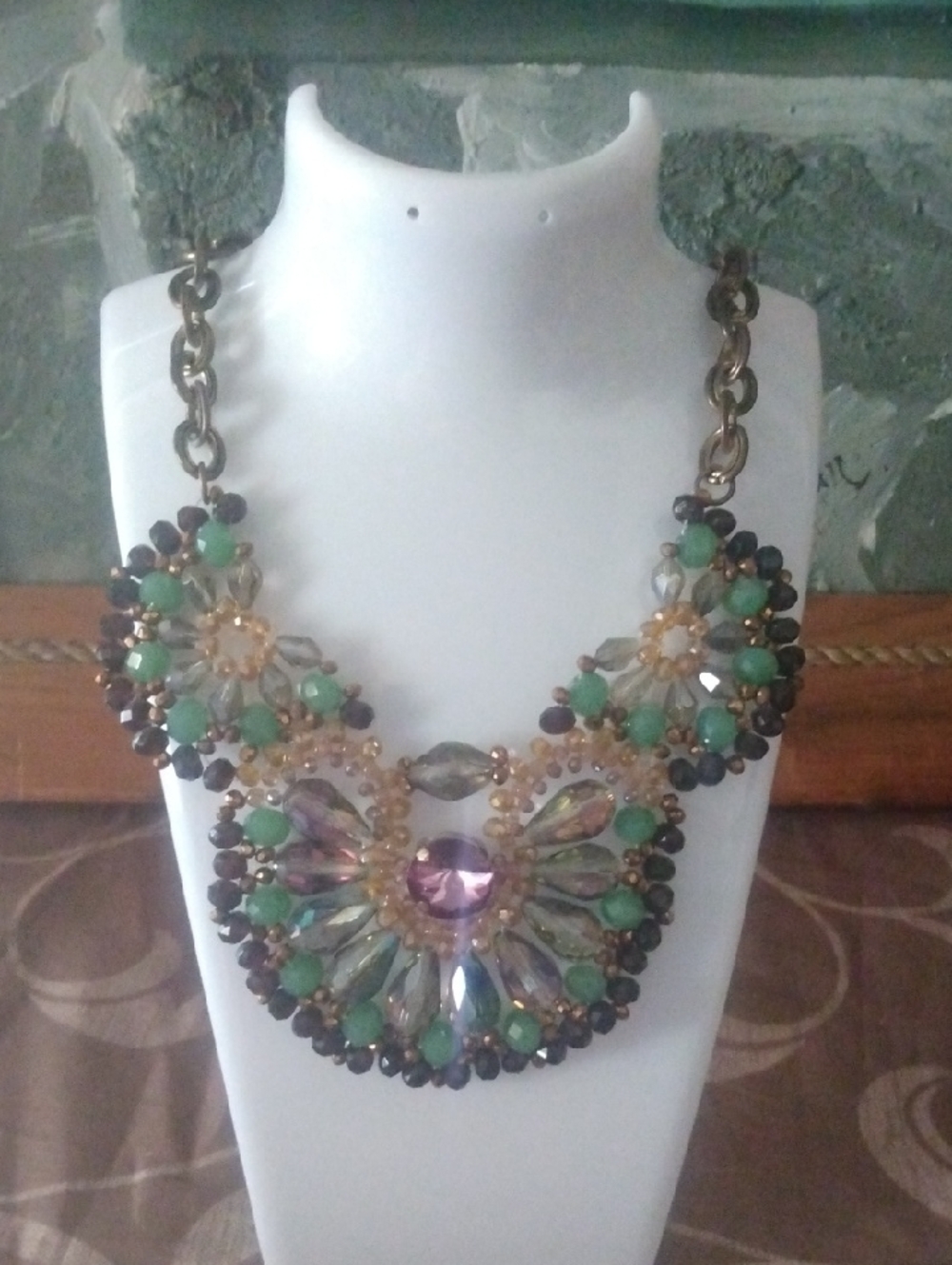 Leslie  Danzis Statement Bib Necklace with Green and Purple Gem Accents